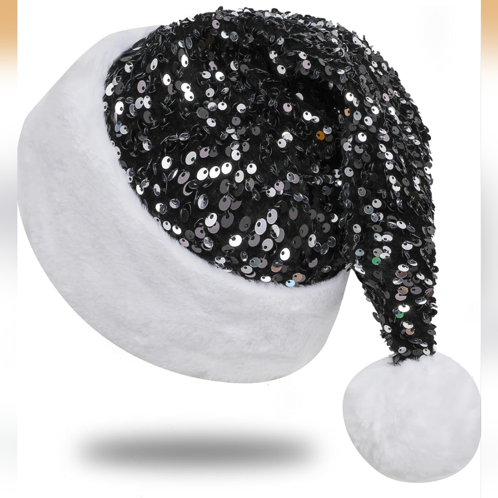 Sequin Santa Hat for Adults with Shiny Sequin and Fluffy Pompom, Party Hat